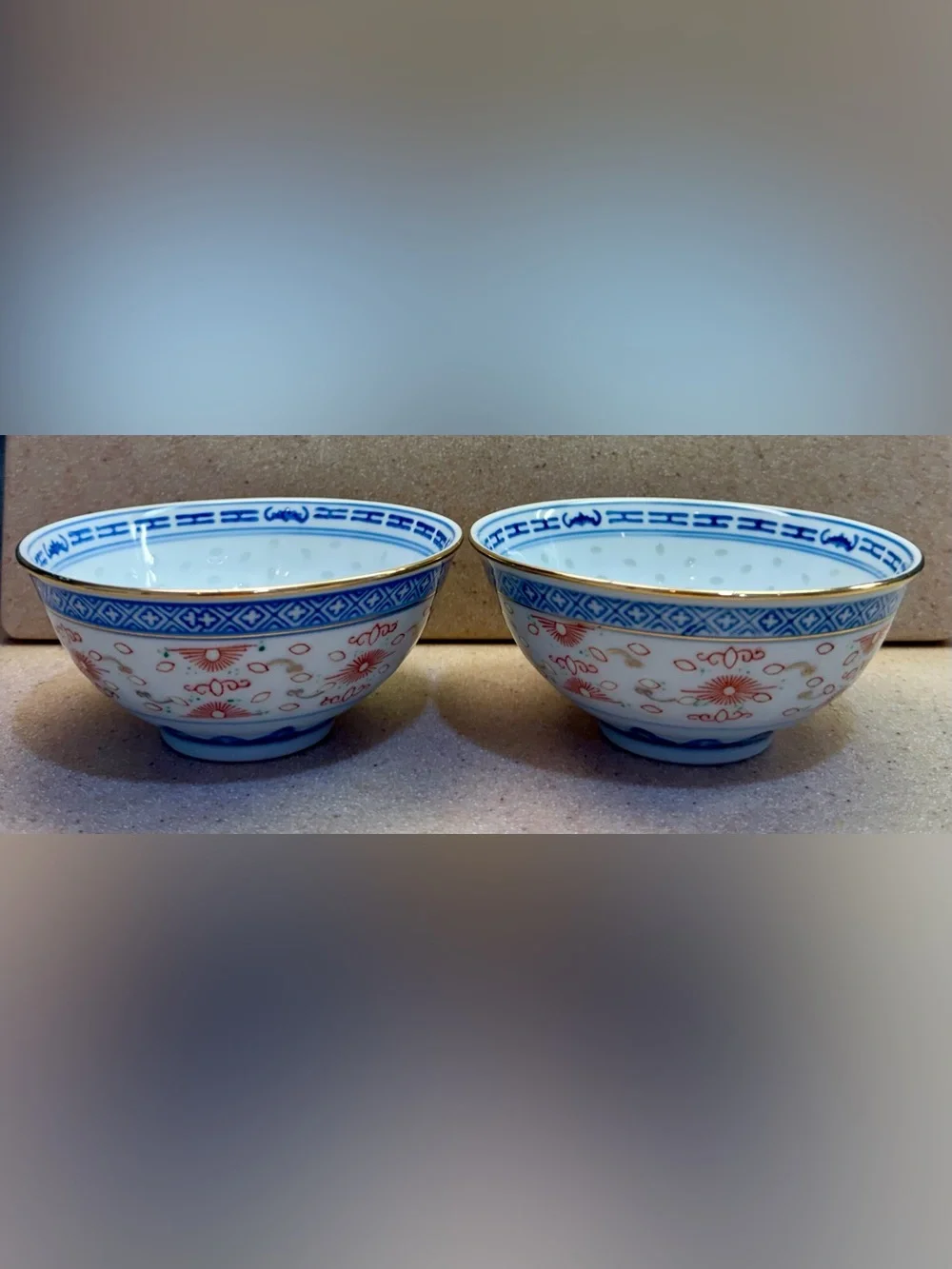 Asian Porcelain Rice Bowls - Set of 2 Chinese Floral White with Red, Blue, Gold